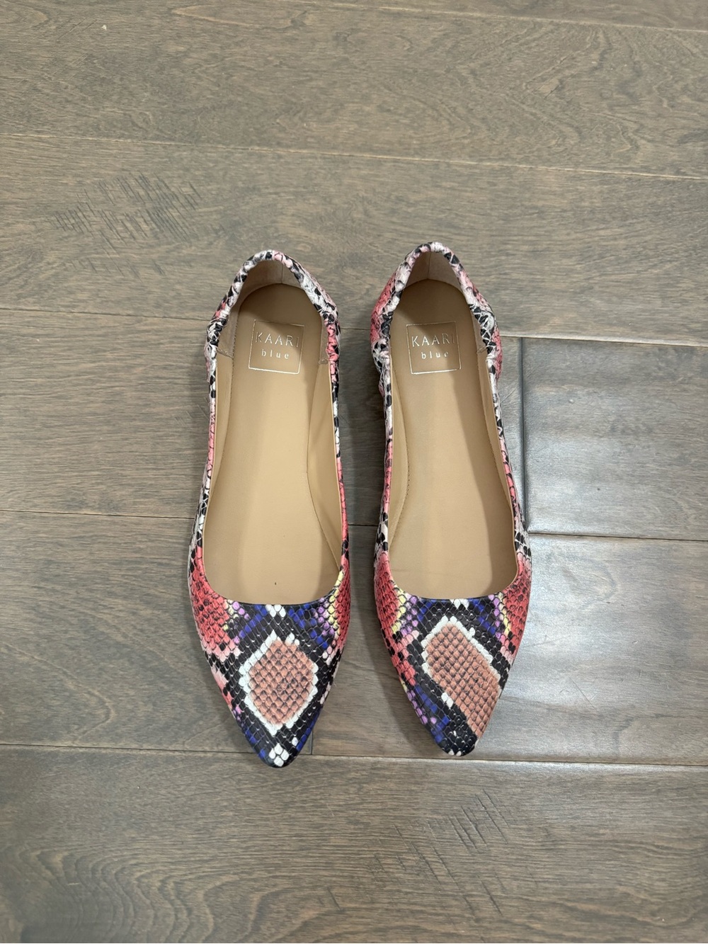 Kaari Blue Pink Multi Snake-Print Pointed Flats